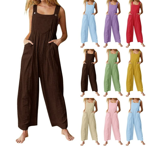 Summer Plus Size Jumpsuits for Women Tummy Control Fashion Solid Color Casual Camis Pocket Sleeveless Suspender Jumpsuit