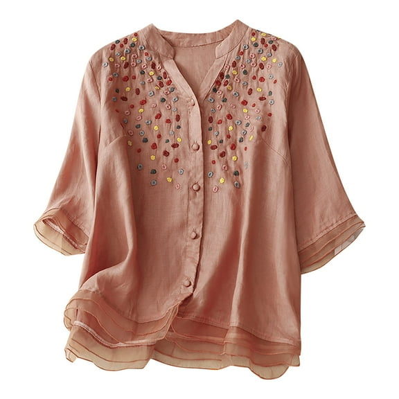Summer Plus Size Tops for Womens 2024 Fashion Cotton Linen Loose Cotton Embroidery Mesh V-neck Shirt Woman