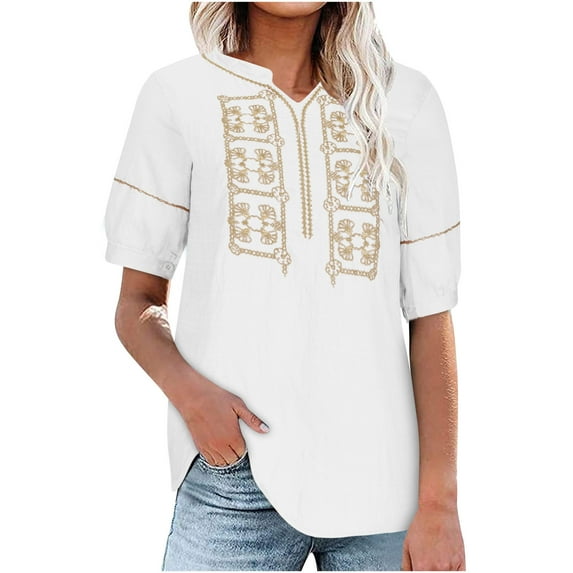 Summer Plus Size Tops for Womens 2024 Fashion Cotton Linen V-neck Short Sleeved Solid Color T-shirt Tops