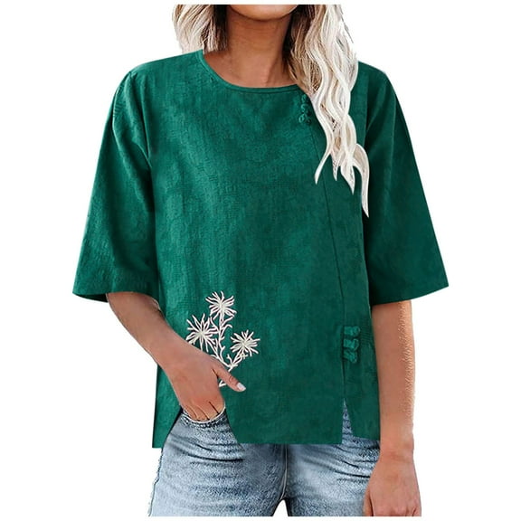Summer Plus Size Tops for Womens 2024 Fashion Crew-neck Single-breasted Cotton And Linen Top