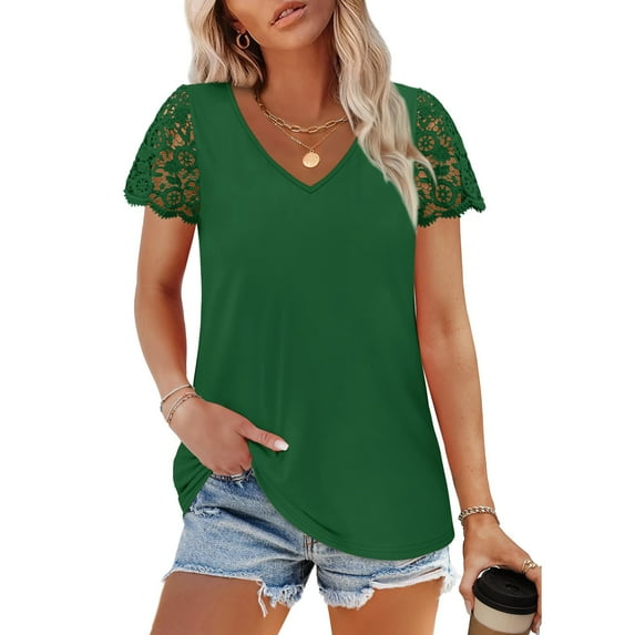 Summer Plus Size Tops for Womens 2025 Fashion Casual Loose Solid Color V-neck Lace Patchwork Short Sleeved Top