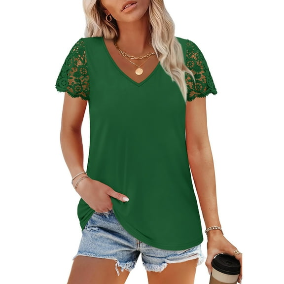 Summer Plus Size Tops for Womens 2025 Fashion Casual Loose Solid Color V-neck Lace Patchwork Short Sleeved Top