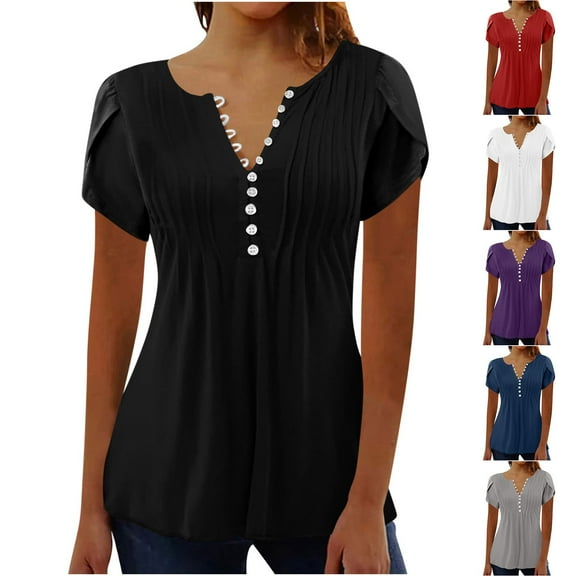 Summer Plus Size Tops for Womens 2025 Fashion Sexy Fold Printed Regular Women Short Sleeves V Neck Button Top