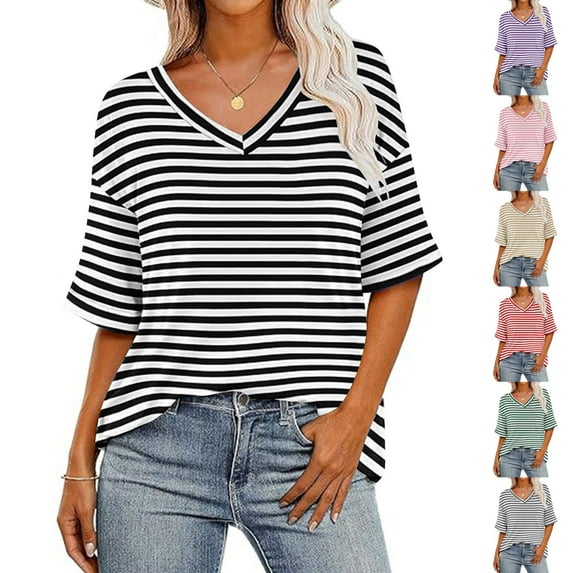 Summer Plus Size Tops for Womens 2025 Fashion Solid Color V-Neck Short Sleeve Casual Shirt Top