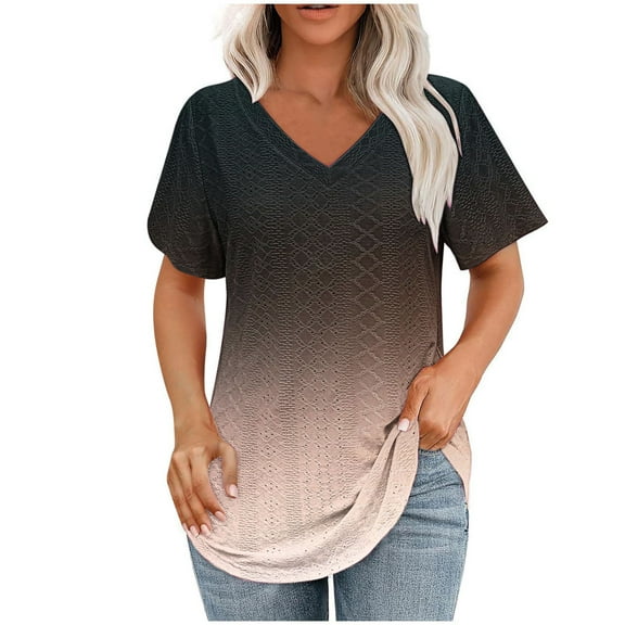 Summer Plus Size Tops for Womens 2025 Fashion V- Neck Printed Casual Pullover With Short Sleeves