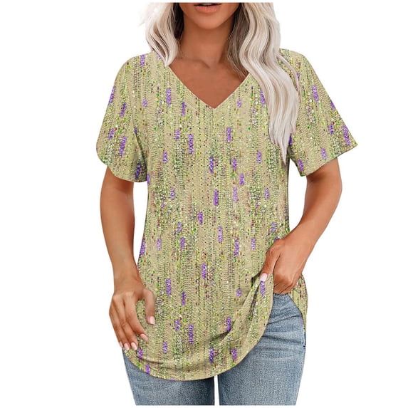 Summer Plus Size Tops for Womens 2025 Fashion V- Neck Printed Casual Pullover With Short Sleeves