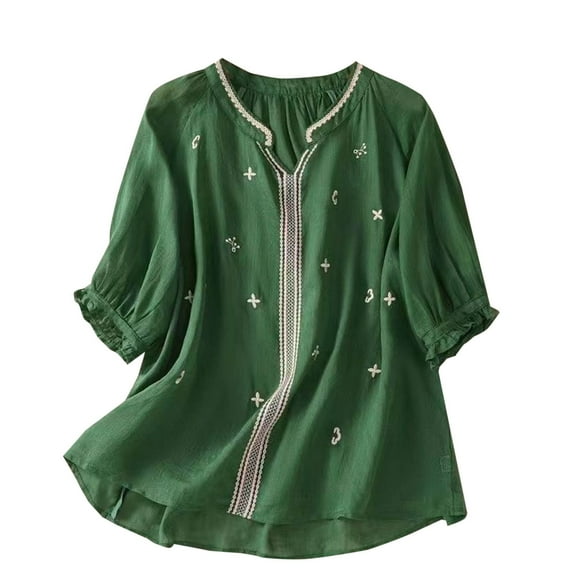 Summer Womens Tops 2025 Cotton and Linen Plus Size Spring Printed Embroidery Casual Loose T-Shirt Short Sleeve V-Neck Tops Linen Blouse