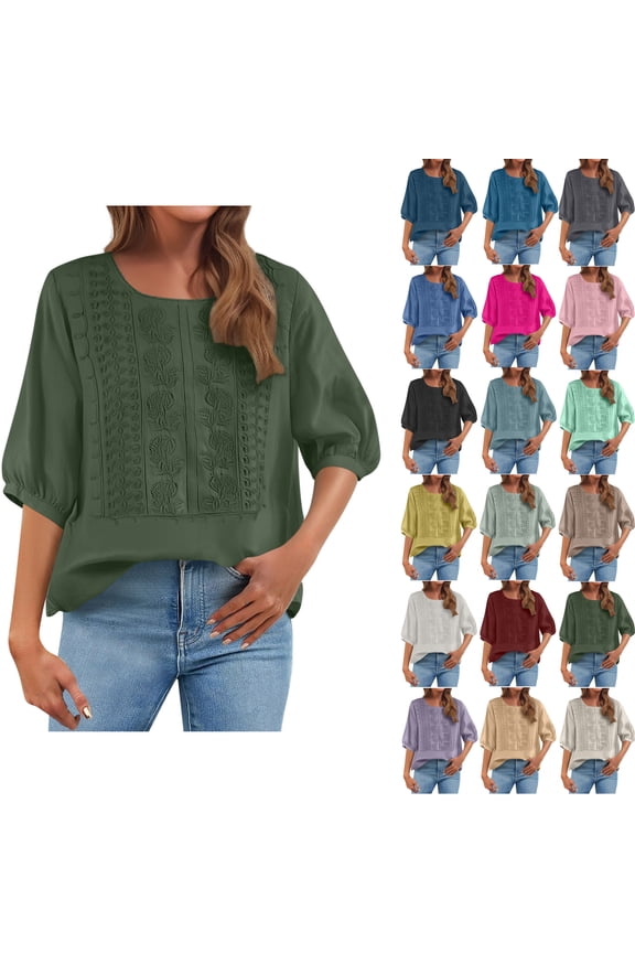 Summer Womens Tops 2026 Cotton and Linen Plus Size Spring Printed Embroidery Casual Loose T-Shirt Short Sleeve V-Neck Tops Linen Blouse