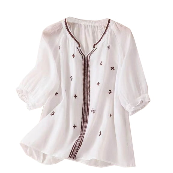 Summer Womens Tops 2025 Cotton and Linen Plus Size Spring Printed Embroidery Casual Loose T-Shirt Short Sleeve V-Neck Tops Linen Blouse