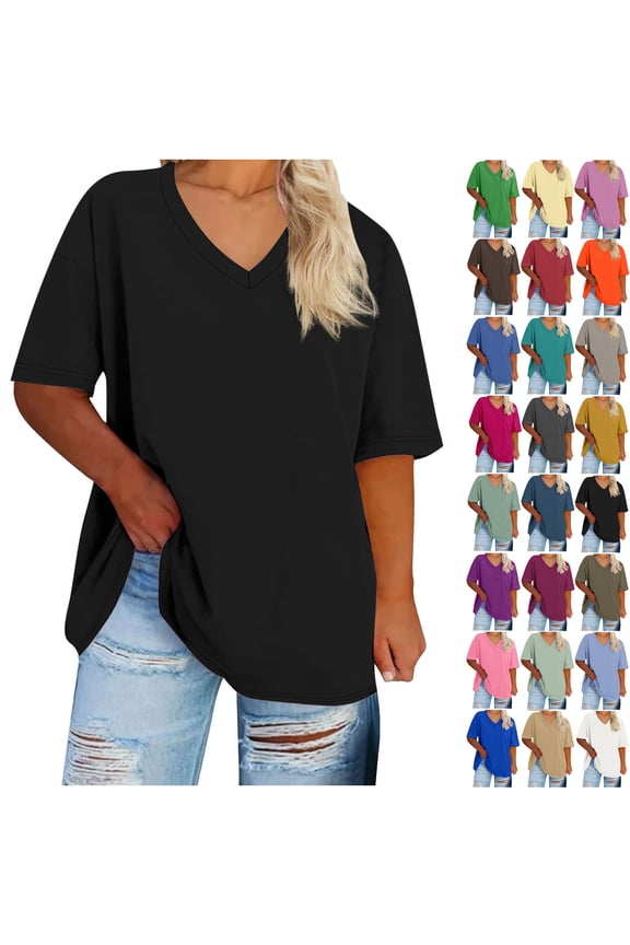 Summer Womens Tops 2025 Oversized V-neck Short Sleeved Solid Summer Base Shirt Sports T-shirt
