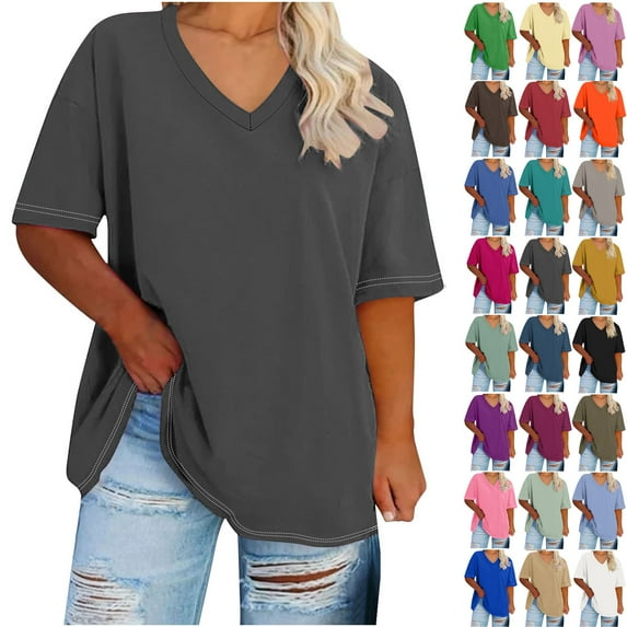 Up to 65% off! Summer Womens Tops 2025 Oversized V-neck Short Sleeved Solid Summer Base Shirt Sports T-shirt