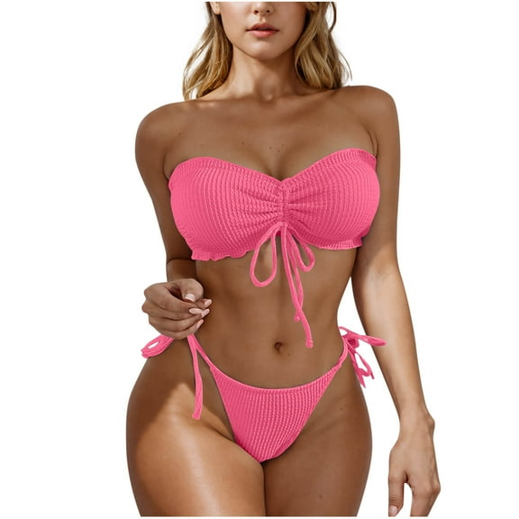 Up to 65% off Swim Suits for Women 2025 Women's Solid Color Fashion Sexy Adjustable Suspenders Backless Bikinis Sets on Clearance