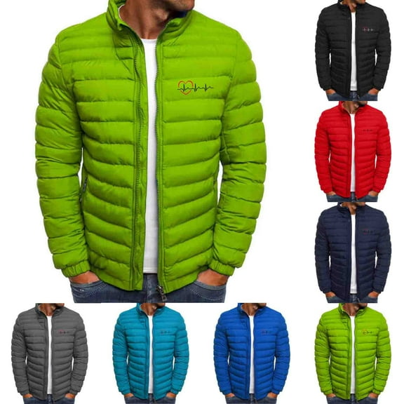 Up to 65% off!Winter Warm Plus Size Jackets for Mens Fashion Heart Printed Long Sleeved Zipper Pocket Hooded Stand Collar Casual Cotton Jacket