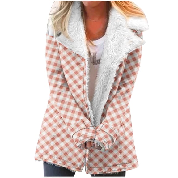 Winter Warm Plus Size Jackets for Womens Fashion Zip Up Plaid Printed Fashionable Long Sleeved Pocket Composite Plush Button Coat