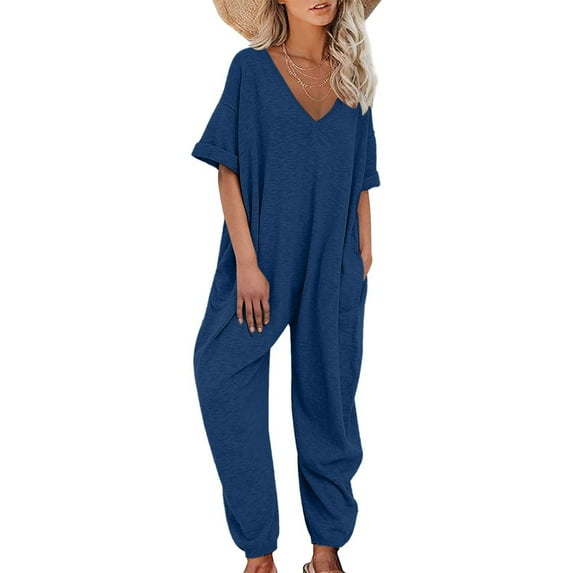 Up to 65% off!Women' Casual and Elegant Jumpsuits Summer Fashion V Neck Loose Pockets Strap Waistband Jumpsuit Short Sleeve Sling Jumpsuitit