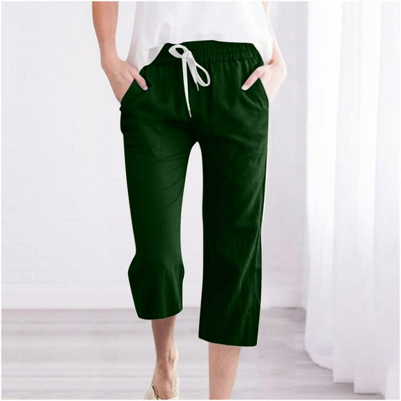 Up to 65% off Women's Capri Pants, Fashion Womens Casual Solid Color Elastic Loose Pants Straight Wide Leg Trousers With Pocket(Green,S)