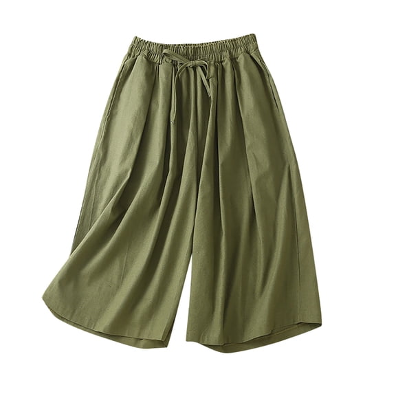 Up to 65% off Women's Capri Pants, Women Summer Fashionable Solid Color Casual Versatile Drawstring Elastic Waist Linen Wide Leg Pants(Green,M)