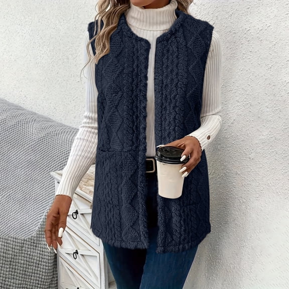 Women's Oversized Sherpa Vest Women Double-sided Velvet Cardigan Pocket Round Neck Sleeveless Jacket Top Dark Blue L