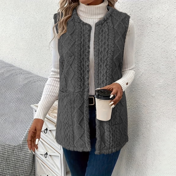 Women's Oversized Sherpa Vest Women Double-sided Velvet Cardigan Pocket Round Neck Sleeveless Jacket Top Gray L