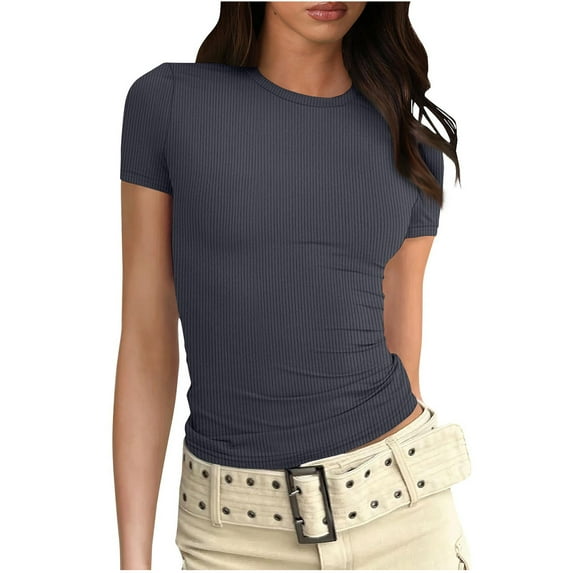 Up to 65% off!Women's Short Sleeve Solid Color Basics Crewneck Casual Top Pullover T-Shirt,Gray XXL
