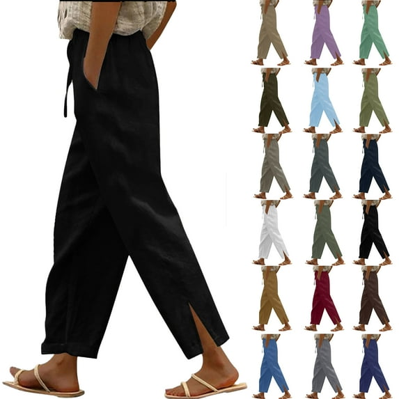 Women's Casual Wide Leg Linen Drawstring Elastic Waist Pants, White