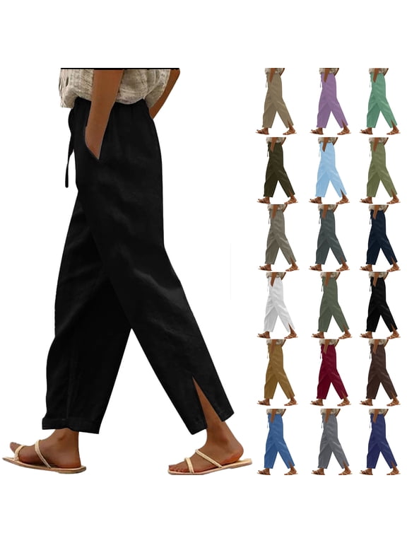 Women's Casual Wide Leg Linen Drawstring Elastic Waist Pants, White