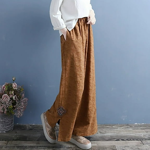 Up to 65% off Womens Capris, Xunlbb Ladies' Casual Solid Color Loose Diamond Embroidered Wide Leg Cropped Pants(Coffee,XL)