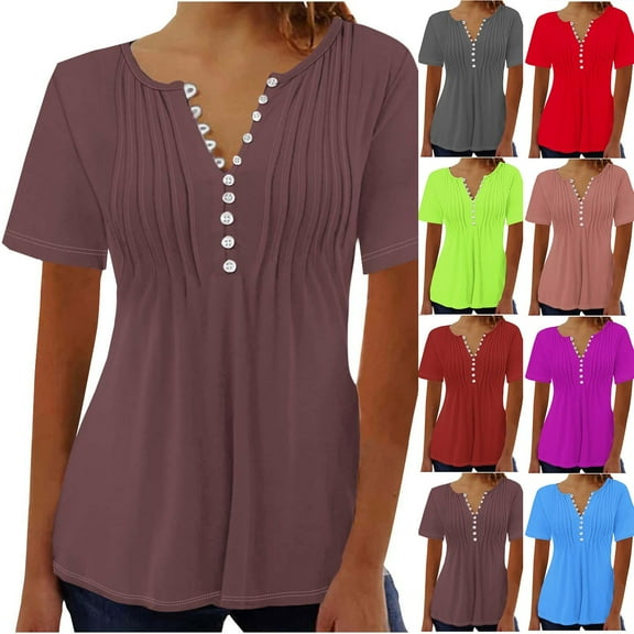 Womens Fashion Summer Tops 2025 Plus Size Printed V-neck Button Up Short Seeved Top