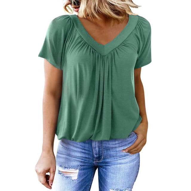 Womens Fashion Summer Tops 2025 Plus Size Solid Color Causal V-Neck Blouse Short Sleeve T-Shirt Tops