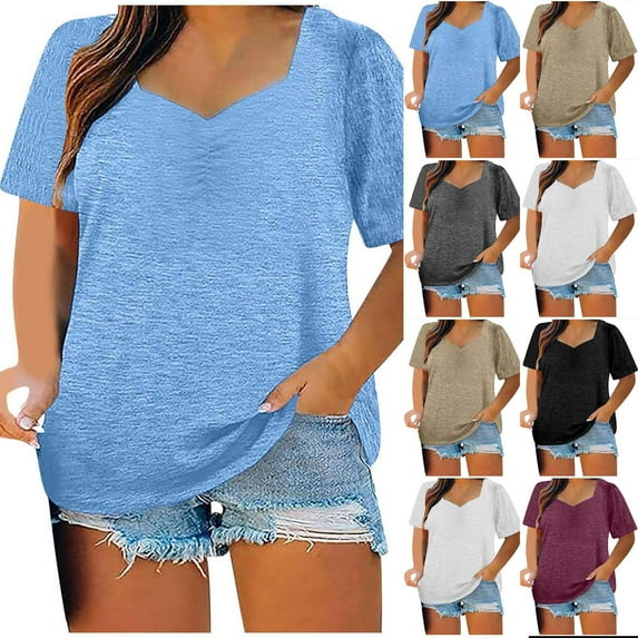 Womens Fashion Summer Tops 2025 Plus Size V-neck Solid Color Oversized T-shirt Top