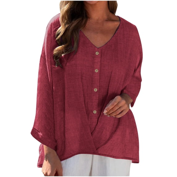 Up to 65% off Womens Plus Size $5 Women's V-Neck Blouse Tops Long Sleeve Loose Blouse Tops Button Cotton and Linen Shirts, Wine S