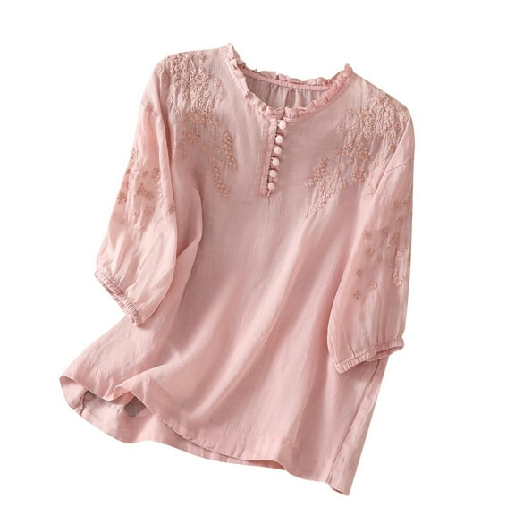 Womens Summer Tops 2024 Plus Size Fashion Long Sleeve Cotton and Linen Spring V-neck Tops Loose Blouse Casual Work Tunic Tops