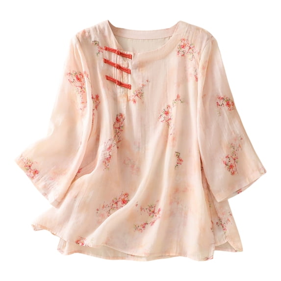 Womens Tops 2026 Plus Size Fashion Shirts Summer Round Neck Button Print Pullover Shirt