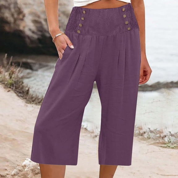 Up to 65% off!Xunlbb Women’s Elastic Waist Summer Solid Casual With Pockets Outing Capris Length Pants on Clearance,Purple M