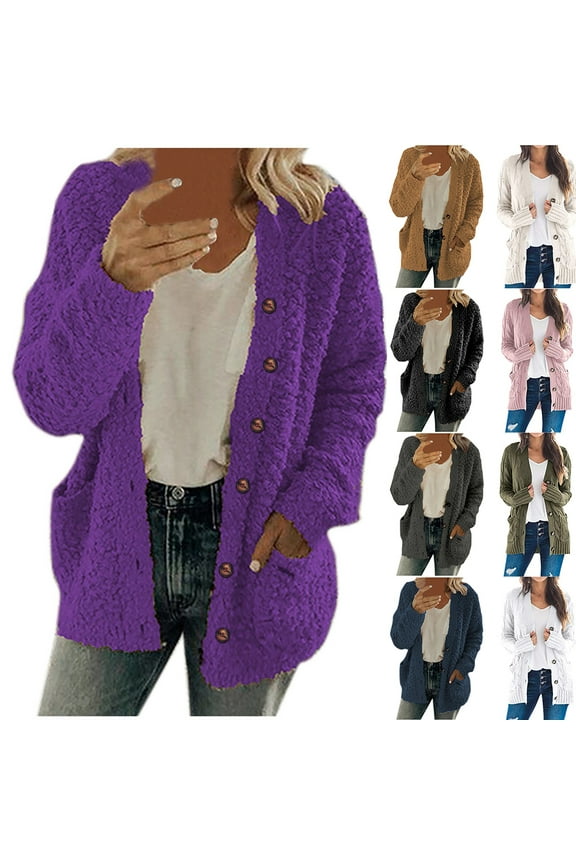 Women's Knit Sweater Cardigans 2025 Winter Oversized Cardigan with Pocket Long Sleeve Solid Color Open Front Lightweight Casual Jacket Coats Purple, Sizes 3XL