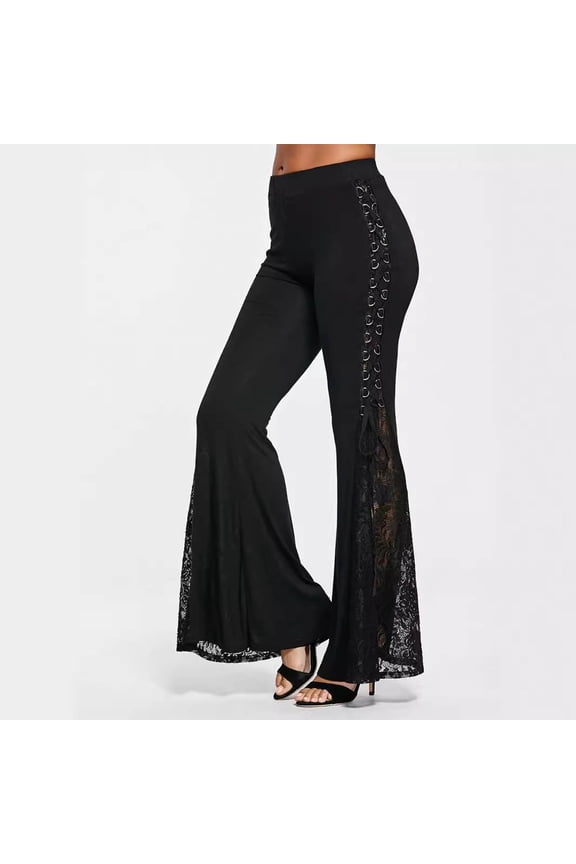 Lace Flared Pants for Women Gothic Criss Cross Lace Leggings Tummy Control High Waisted Yoga Pants Slim Fit Stretchy Trousers