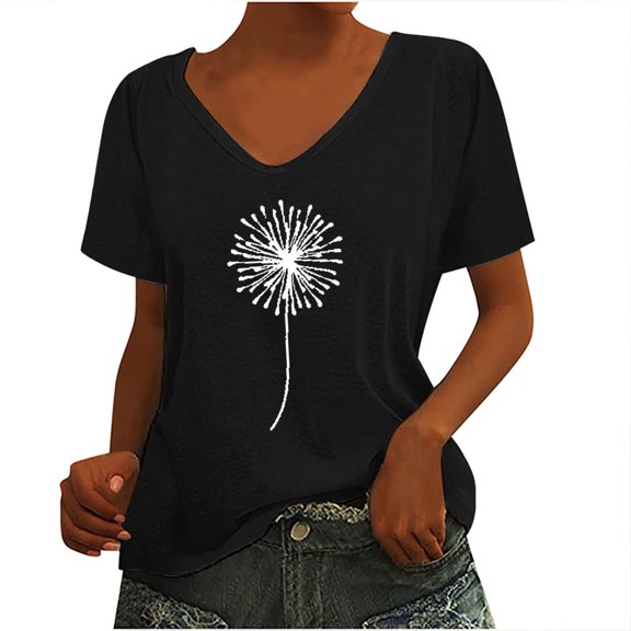 Up to 65% off! Zpanxa Womens Dandelion Graphic T Shirt Casual V-Neck Short Sleeve Print Pullover Tops Loose Comfy Vintage Tee Shirts Black 3XL