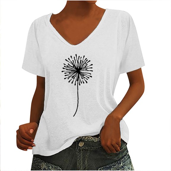 Up to 65% off! Zpanxa Womens Dandelion Graphic T Shirt Casual V-Neck Short Sleeve Print Pullover Tops Loose Comfy Vintage Tee Shirts White XXL