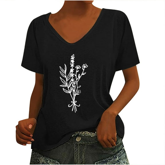 Up to 65% off! Zpanxa Womens Summer Tops Trendy Casual Print V-Neck Short Sleeve T Shirt Pullover Tops Lightweight Cute Blouse Pullover Black XXL