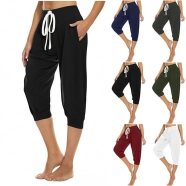Up to 70% Off! Xuniizn Cropped Pants for Women Solid Color Elastic Waist Band Pants with Pockets Casual Light Weight Holiday Capri Pants