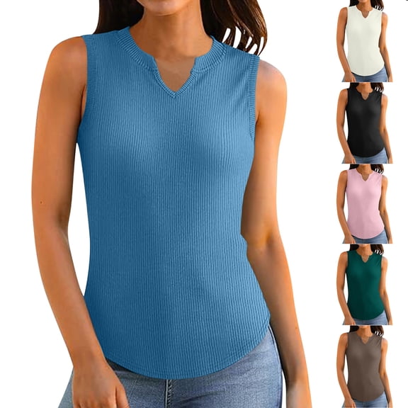 Up to 50% off! Kmdttou Women's Solid Ribbed Fitted Tank Tops 2025 V Neck Curved Hem Sleeveless Shirts Casual Basic Tops Fashion Layering Slim Trendy Cool Tops