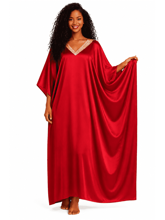 Women Kaftan Dresses with Crochet & Batwing Sleeve Caftan Moo Moos Dress Beach Cover Up Maxi Loungewear