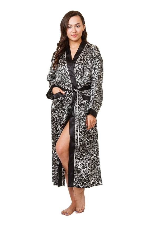 Women's Paisley Print Satin Robes in Black Paisley Print, Style Gwnf-18