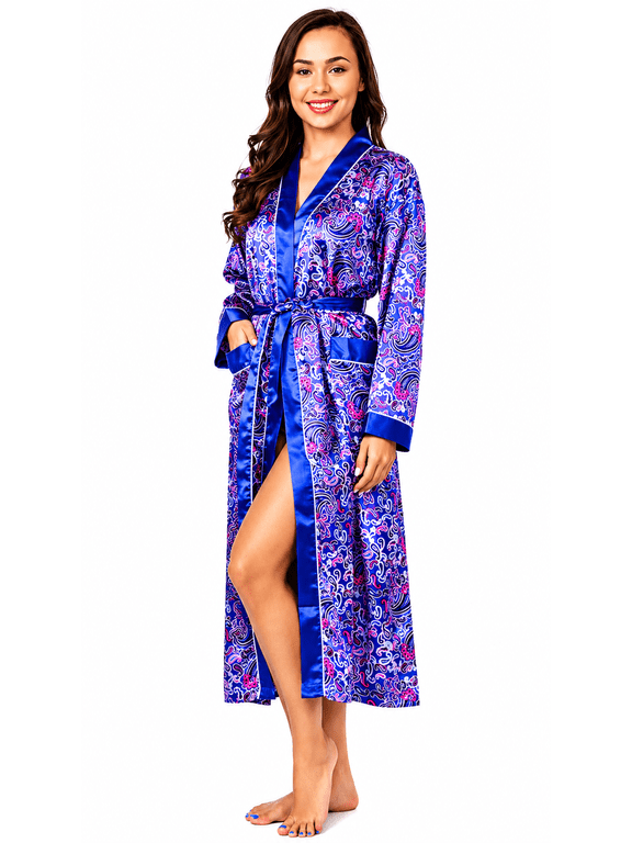 Long Satin Robes for Women Lightweight Silky Soft Full Sleeves Bathrobe Cozy Housecoat Loungewear with Pockets