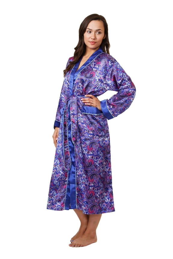 Women's Paisley Print Satin Robes in Blue Paisley Print, Style Gwnf-18