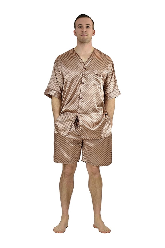 's Men's Pajama Set / Pajamas / Pyjamas / PJs, Satin, Tie Print, Short-Sleeve V-Neck with Shorts