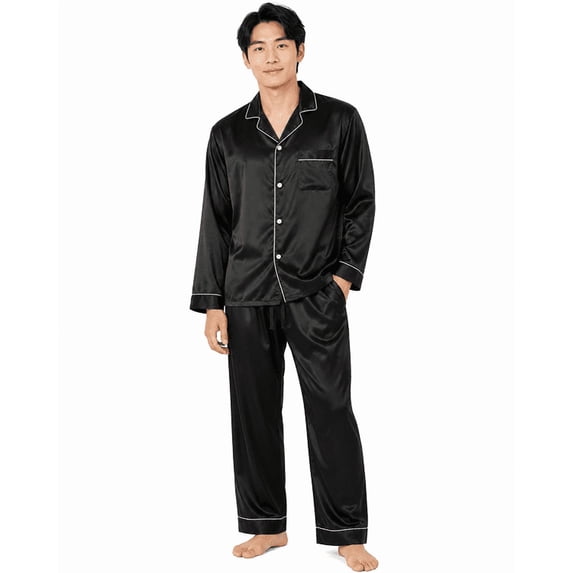 Up2date Fashion Men's Satin Pajama Set Full Sleeves Silky Loungewear 2 Piece Pjs Classic Button-Down Sleepwear