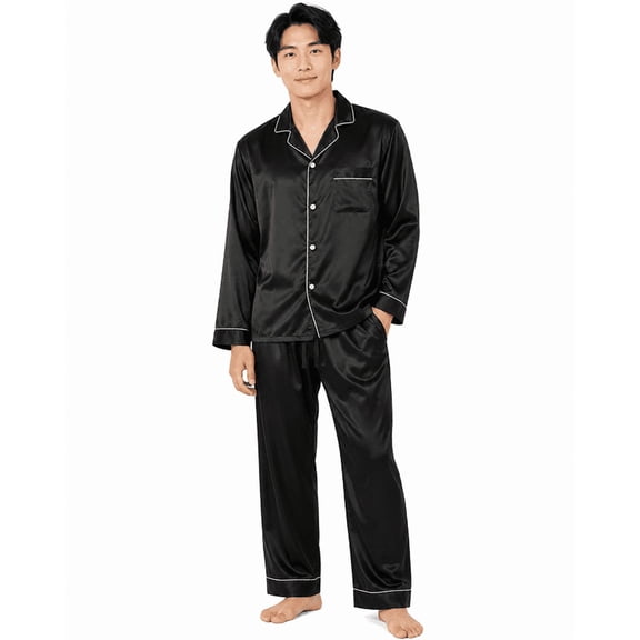 Up2date Fashion Men's Satin Pajama Set Full Sleeves Silky Loungewear 2 Piece Pjs Classic Button-Down Sleepwear
