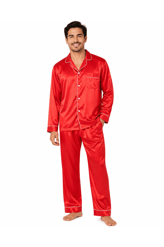 Men's Satin Pajama Set Full Sleeves Silky Loungewear 2 Piece Pjs Classic Button-Down Sleepwear