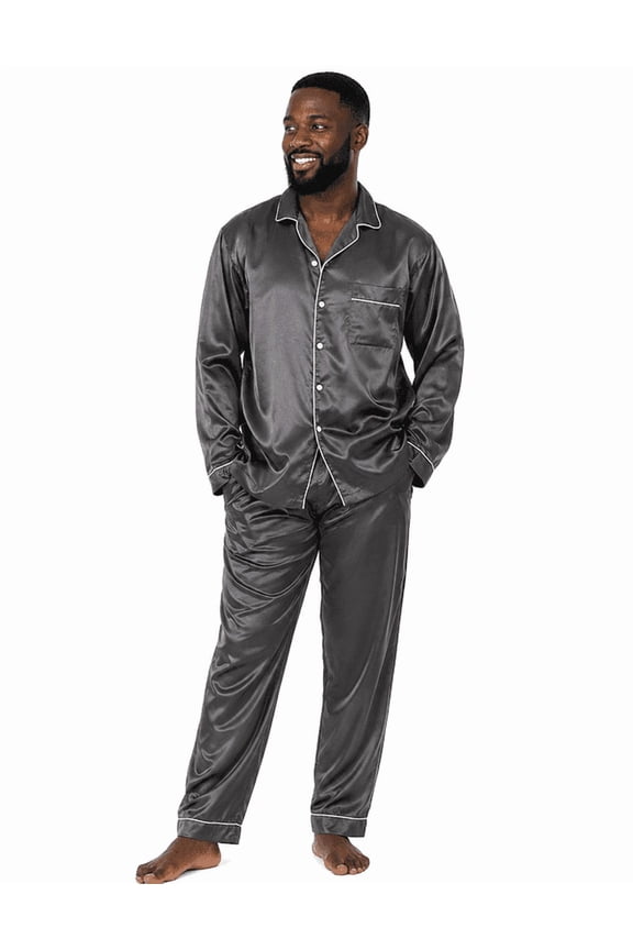 Men's Satin Pajama Set Full Sleeves Silky Loungewear 2 Piece Pjs Classic Button-Down Sleepwear